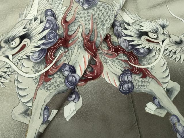 平和屋本店●極上 染色作家 草野一騎 色留袖 手描き 麒麟 暈し染め 蝉色地 金彩 ロング丈 逸品 DZAB3431kh6