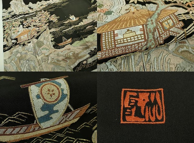 平和屋本店●極上 十七代京屋林蔵 黒留袖・長襦袢(無双仕立て)・袋帯・帯揚げセット 総刺繍 蘇州・相良刺繍 金糸 共箱付き 逸品DZAB3472kh6