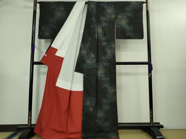 平和屋着物●極上 本場大島紬 9マルキ 蔦の葉花文 黒地 逸品 未使用 DZAB3485kh6