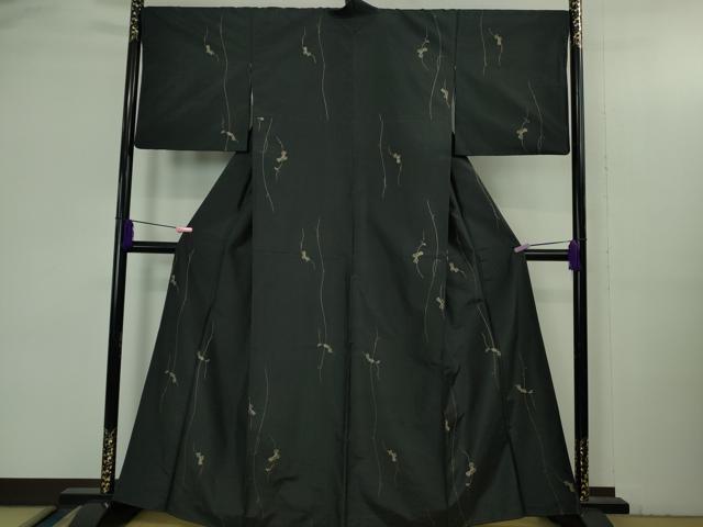 平和屋本店●極上 紬屋吉兵衛 一徳紬 刺し子 総刺繍 玉糸手織 瓢箪 黒地 逸品 DZAB3495kh6