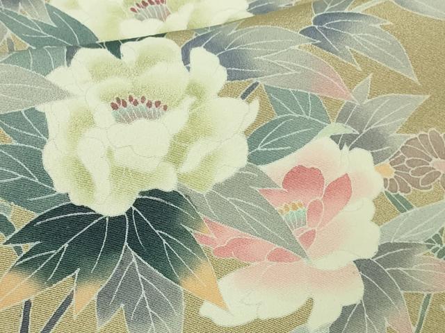 平和屋本店●極上 本加賀友禅作家 岡本幸治 訪問着 草花文 白橡色地 逸品 DZAB3513kh6