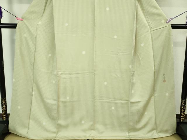 平和屋着物●極上 染師 久保伊智郎 小紋 ホタル菱 白緑色地 反端付き 逸品 DZAB3518kh6