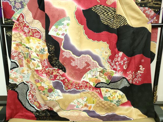 平和屋本店●極上 創業460年・千總 振袖 駒刺繍 地紙御所車花文 暈し染め 金彩 三越扱い 逸品 DZAB3549kh6