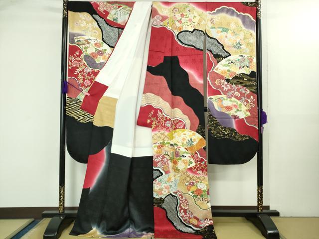 平和屋本店●極上 創業460年・千總 振袖 駒刺繍 地紙御所車花文 暈し染め 金彩 三越扱い 逸品 DZAB3549kh6