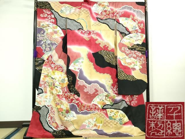平和屋本店●極上 創業460年・千總 振袖 駒刺繍 地紙御所車花文 暈し染め 金彩 三越扱い 逸品 DZAB3549kh6