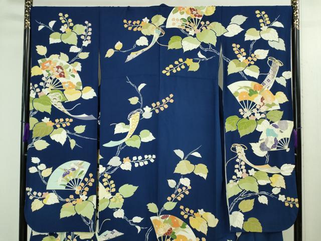 平和屋本店●極上 創業460年・千總 振袖 駒刺繍 扇面花文 紺青色地 金彩 三越扱い 逸品 DZAB3551kh6