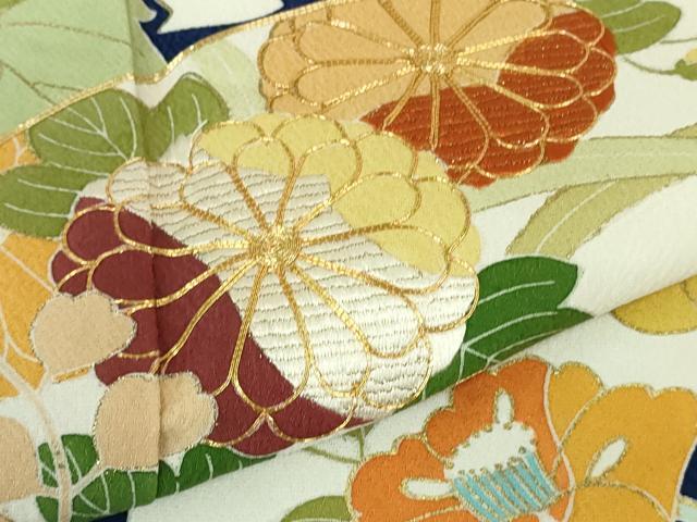 平和屋本店●極上 創業460年・千總 振袖 駒刺繍 扇面花文 紺青色地 金彩 三越扱い 逸品 DZAB3551kh6