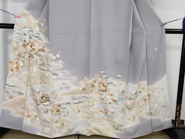 平和屋本店●極上 創業460年・千總 訪問着 駒刺繍 貝桶吉祥花文 藤鼠色地 暈し染め 金彩 三越扱い 逸品 DZAB3553kh6