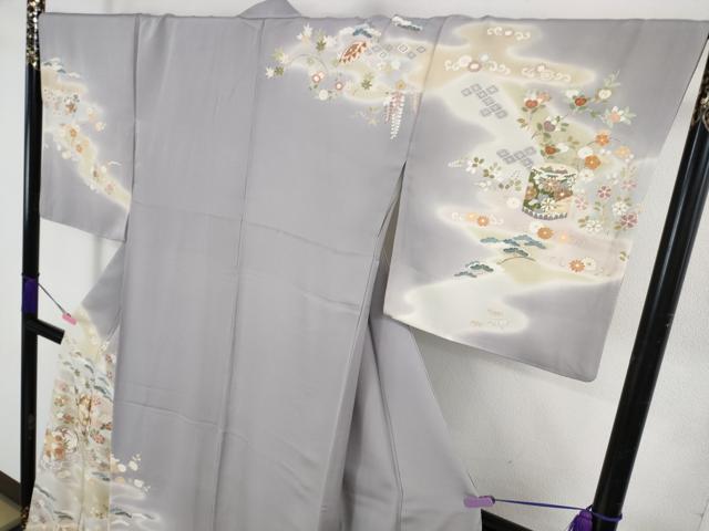 平和屋本店●極上 創業460年・千總 訪問着 駒刺繍 貝桶吉祥花文 藤鼠色地 暈し染め 金彩 三越扱い 逸品 DZAB3553kh6