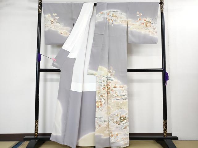 平和屋本店●極上 創業460年・千總 訪問着 駒刺繍 貝桶吉祥花文 藤鼠色地 暈し染め 金彩 三越扱い 逸品 DZAB3553kh6