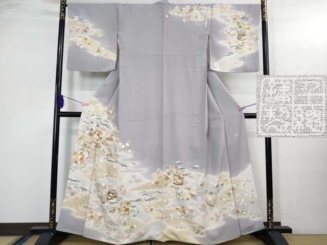 平和屋本店●極上 創業460年・千總 訪問着 駒刺繍 貝桶吉祥花文 藤鼠色地 暈し染め 金彩 三越扱い 逸品 DZAB3553kh6