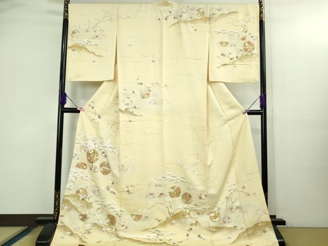 平和屋本店●極上 訪問着 駒刺繍 花丸吉祥立波文 鳥の子色地 金彩 ロング丈 逸品 DZAB3555kh6