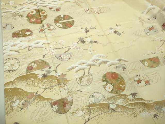 平和屋本店●極上 訪問着 駒刺繍 花丸吉祥立波文 鳥の子色地 金彩 ロング丈 逸品 DZAB3555kh6