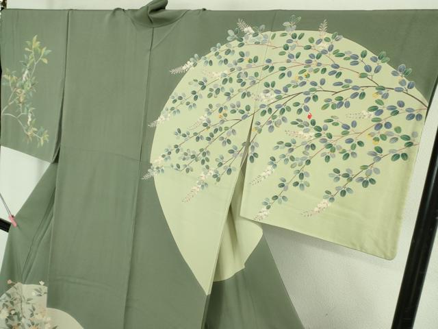 平和屋本店●極上 十日町 加賀草木友禅の第一人者 田村哲彦 訪問着 草花文 柳煤竹色地 逸品 DZAB3557kh6