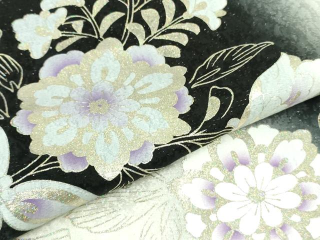 平和屋本店●極上 訪問着 花唐草文 暈し染め 金彩 銀通し地 白×黒 反端付き ロング丈 逸品 DZAB3558kh6