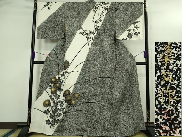 平和屋本店●極上 人間国宝 森口華弘 蒔糊友禅 蒔糊散らし 訪問着 駒刺繍 菊梅文 金彩 逸品 DZAB3562kh6