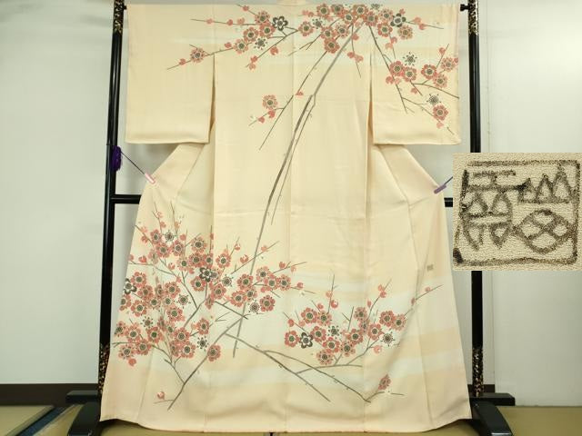 平和屋本店●希少 人間国宝 山田貢 訪問着 枝梅 肌色地 金彩 逸品 未使用 DZAB3563kh6