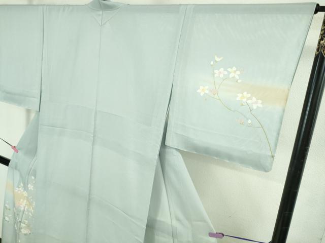 平和屋着物*極上 夏物 訪問着 友禅 作家物 絽 枝花に小鳥 藍白色地 逸品 未使用 DZAB3564kh6