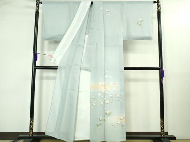 平和屋着物*極上 夏物 訪問着 友禅 作家物 絽 枝花に小鳥 藍白色地 逸品 未使用 DZAB3564kh6