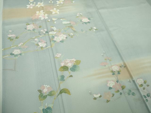 平和屋着物*極上 夏物 訪問着 友禅 作家物 絽 枝花に小鳥 藍白色地 逸品 未使用 DZAB3564kh6
