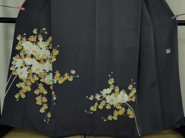 平和屋本店●希少 皆川月華 長女 日本画家 皆川千恵子 訪問着 刺繍 胡蝶蘭 深紫色地 金糸 逸品 DZAB3565kh6