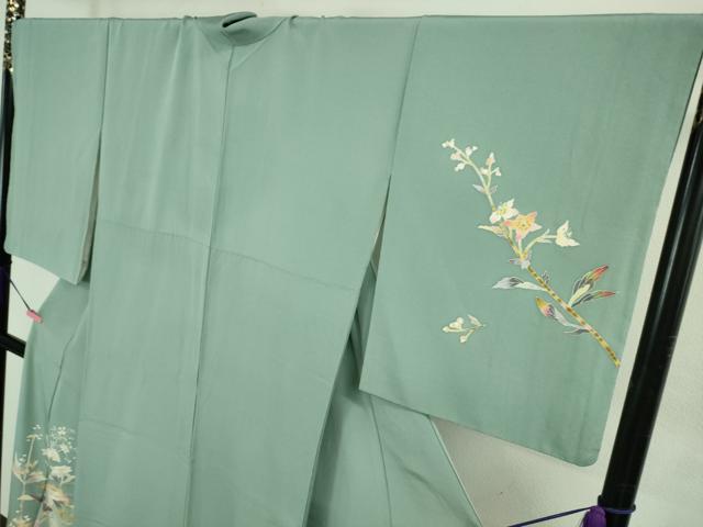 平和屋本店●極上 京加賀友禅 百貫石峰 訪問着 花篭文 暈し染め 千草色地 逸品 DZAB3566kh6