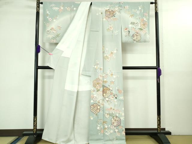 平和屋本店●極上 訪問着 吉澤友禅 駒刺繍 吉祥花文 暈し染め 金彩 鬼しぼ縮緬 反端付き 逸品 未使用 DZAB3570kh6
