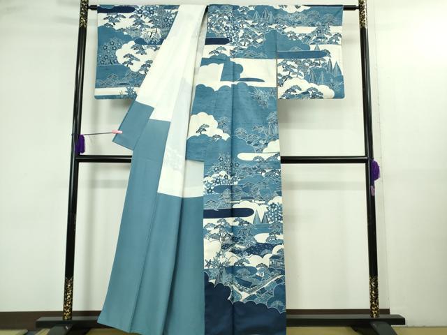 平和屋本店●極上 和染紅型 栗山紅型 栗山吉三郎 石川県指定無形文化財 牛首紬 白山工房 手織り 訪問着 風景松文 逸品 DZAB3584kh6
