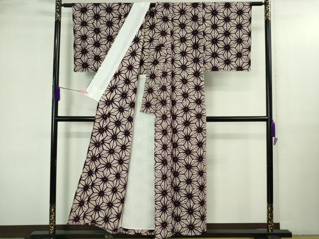 平和屋本店▽極上 岩手の匠 草紫堂 南部絞り 紫根染 紬 単衣 麻の葉 残布付き 正絹 逸品 未使用 DZAB3586kh6