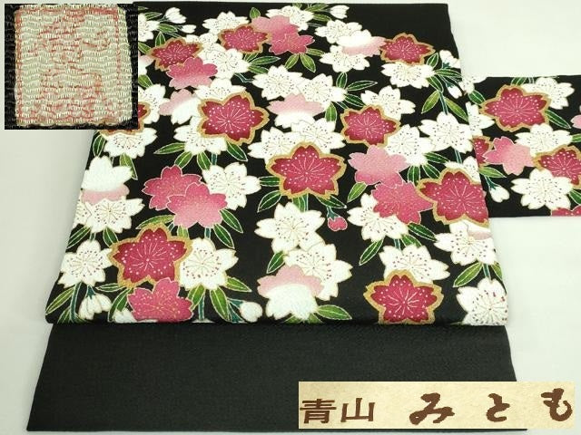 平和屋本店●超希少 東京友禅 久呂田明功 青山みとも 九寸名古屋帯 枝垂れ桜 黒地 金彩 鬼しぼ縮緬 反端・たとう紙付き 逸品 DZAB3613kh6
