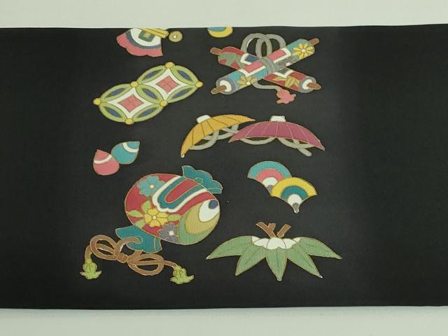 平和屋着物●極上 塩瀬 九寸名古屋帯 宝尽くし 黒地 金彩 逸品 DZAB3653kh6
