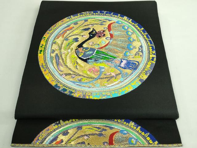 平和屋本店●極上 二代目・龍村平蔵 龍村光翔 太鼓柄 本袋帯 波新大鵬文 黒地 金糸 逸品 DZAB3665kh6