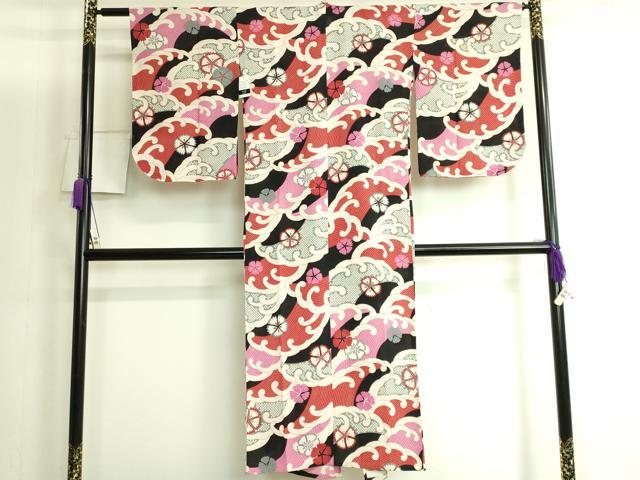 平和屋着物*夏物 子供 小紋・浴衣兼用 撫松庵 紅梅織 セオアルファ 立波に撫子 逸品 未使用 DZAB3693kh6