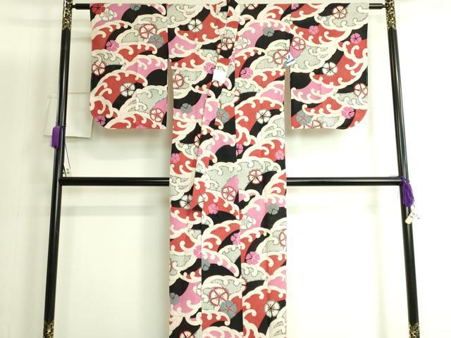平和屋着物*夏物 子供 小紋・浴衣兼用 撫松庵 紅梅織 セオアルファ 立波に撫子 逸品 未使用 DZAB3693kh6