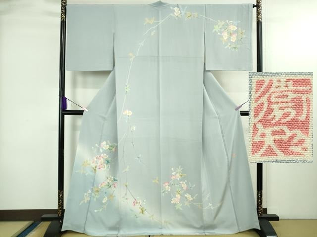 平和屋本店●極上 本加賀友禅作家 和泉衛知 訪問着 つるバラ 白藍色地 証紙付き 逸品 DZAB3707kh6