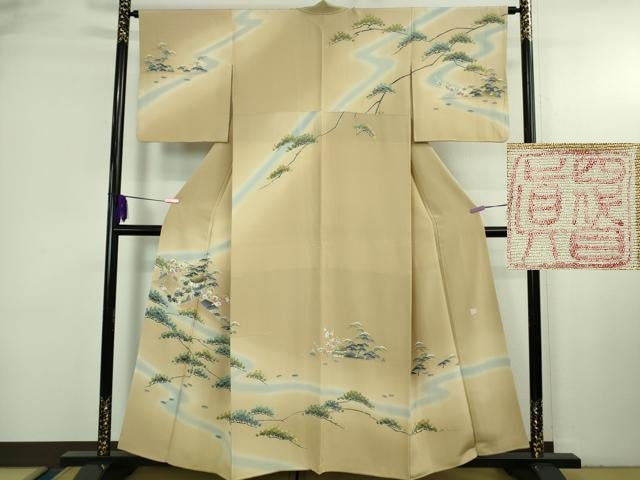 平和屋本店●極上 名門・上野家 四代目 上野真(二代目 上野為二) 訪問着 風景松花文 薄い飴色地 暈し染め 逸品 DZAB3708kh6