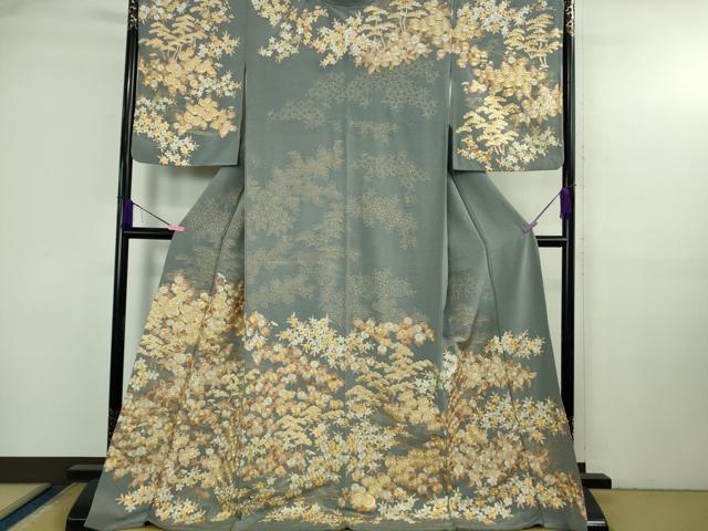 平和屋本店●極上 訪問着 総刺繍 吉祥花文 鉄御納戸色地 金糸 三越扱い ロング丈 逸品 DZAB3716kh6