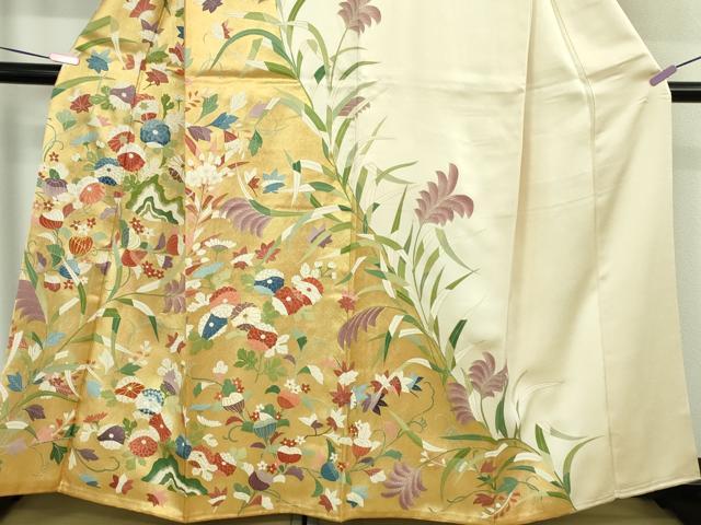 平和屋本店●最高級 訪問着 駒刺繍 草花文 薄卵色地 本金箔 逸品 DZAB3718kh6
