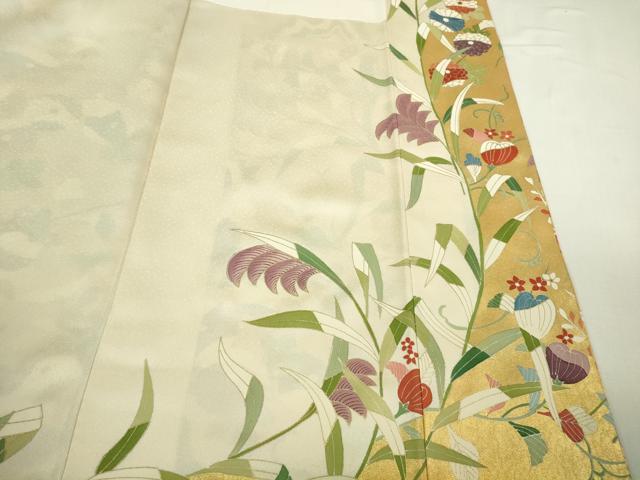 平和屋本店●最高級 訪問着 駒刺繍 草花文 薄卵色地 本金箔 逸品 DZAB3718kh6
