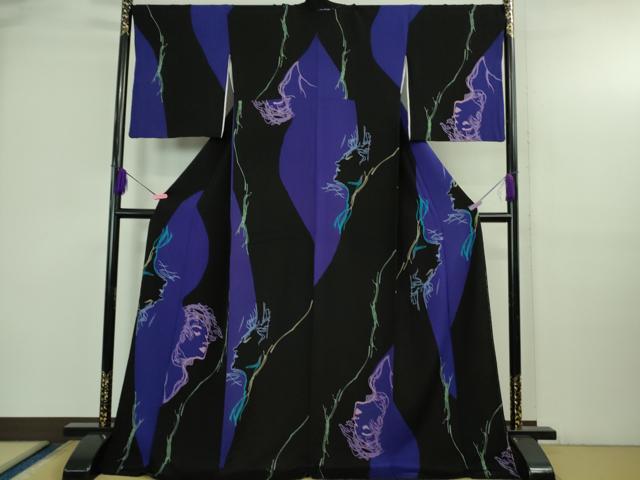平和屋本店●極上 画家・キャラクターデザイナー 天野喜孝 小紋 線画 女性・男性画 縮緬地 ロング丈 さが美扱い 逸品 DZAB3723kh6