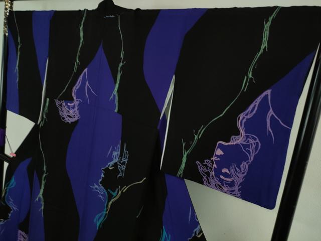 平和屋本店●極上 画家・キャラクターデザイナー 天野喜孝 小紋 線画 女性・男性画 縮緬地 ロング丈 さが美扱い 逸品 DZAB3723kh6