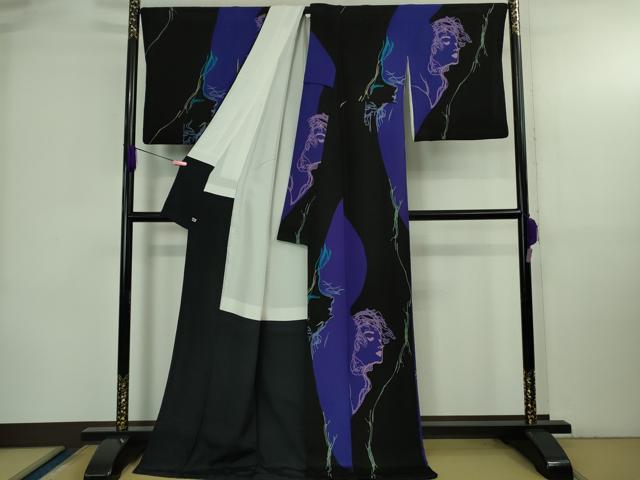 平和屋本店●極上 画家・キャラクターデザイナー 天野喜孝 小紋 線画 女性・男性画 縮緬地 ロング丈 さが美扱い 逸品 DZAB3723kh6