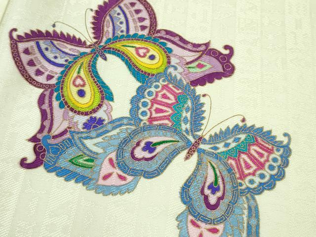 平和屋本店▽極上 BANKANわものや 訪問着 単衣 お召地 舞蝶文 象牙色地 金彩 逸品 DZAB3724kh6