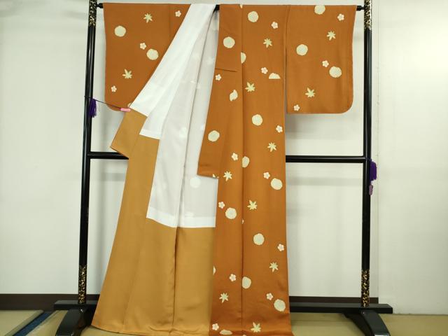 平和屋本店●極上 銀座 志ま亀 小紋 花楓文 雀茶色地 鬼しぼ縮緬 ロング丈 たとう紙付き 逸品 DZAB3730kh6