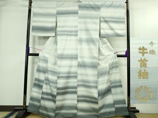 平和屋本店●極上 石川県指定無形文化財 牛首紬 白山工房 手織り 訪問着 横縞 逸品 DZAB3768kh6