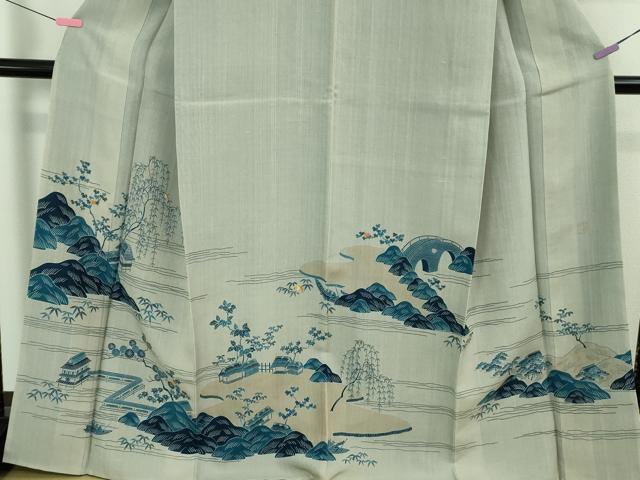 平和屋本店●極上 人間国宝 五代 田畑喜八 訪問着 紗紬 紗袷 駒刺繍 枝垂れ柳風景 金糸 逸品 DZAB3770kh6
