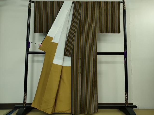 平和屋本店●極上 本場黄八丈 黒八丈 紬 平織 縞 逸品 DZAB3802kh6