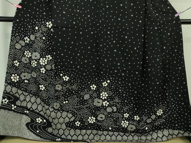 平和屋着物●極上 訪問着 絞り 草花文 黒地 逸品 DZAB3808kh6