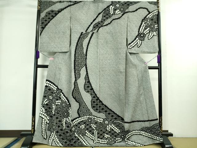 平和屋着物●極上 訪問着 絞り 草花文 黒地 逸品 DZAB3809kh6