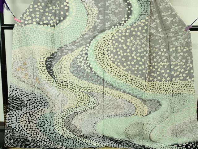 平和屋本店●極上 訪問着 東雲絞り 相良刺繍 流水笹花文 暈し染め 金糸 銀通し地 ロング丈 逸品 未使用 DZAB3815kh6